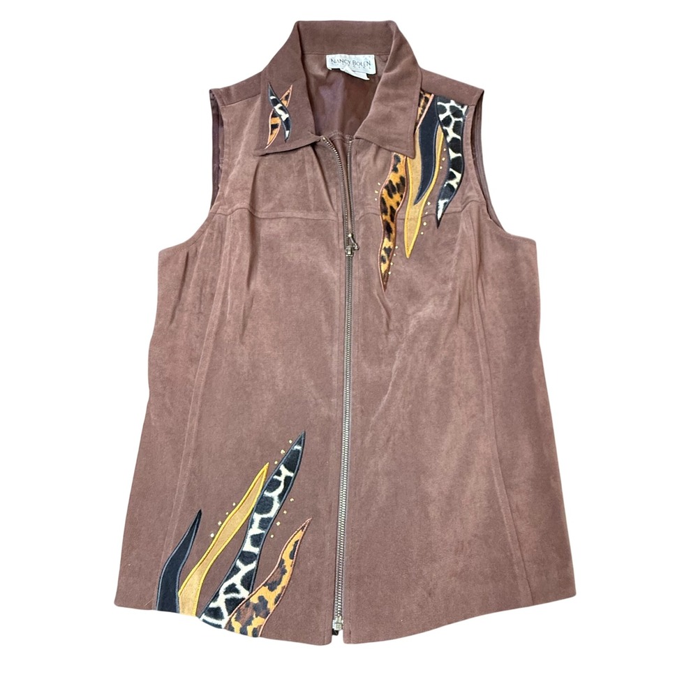 Vintage City Girl Vest Brown Faux Suede Animal Print Embellished‎ Sleeveless